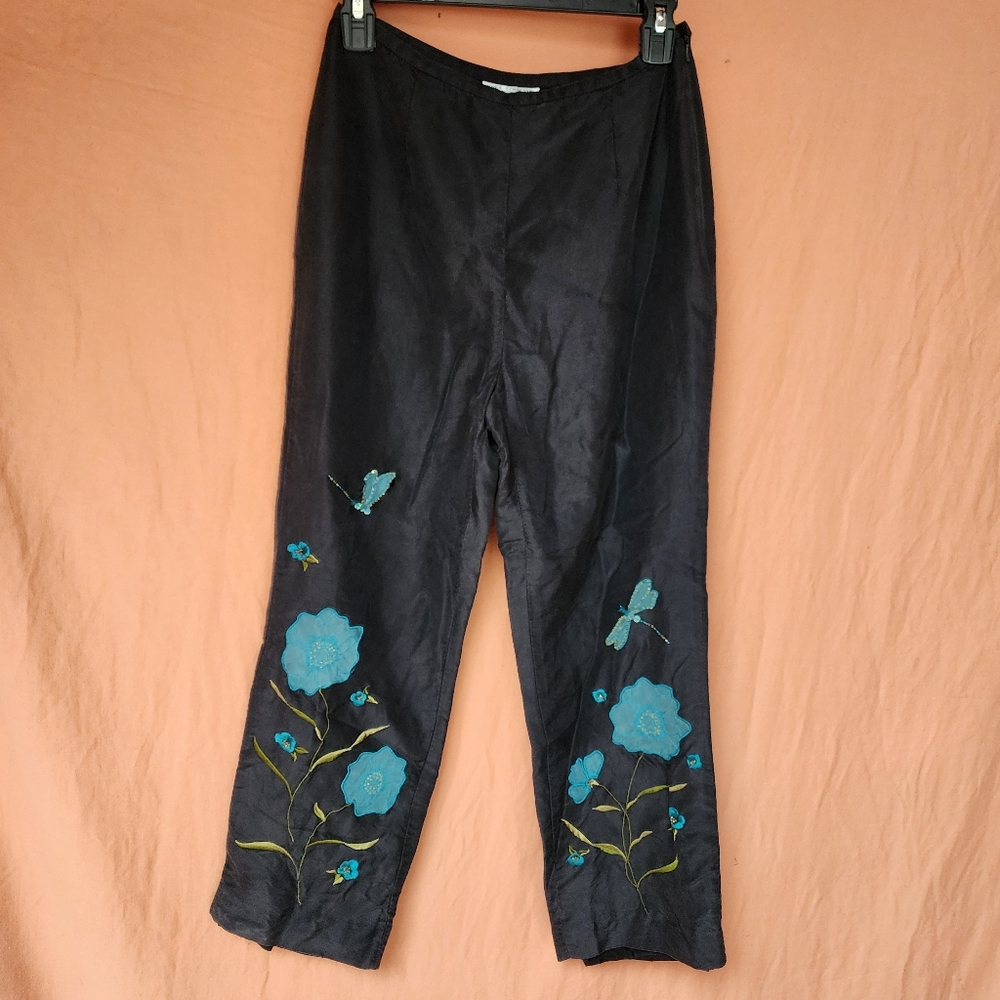 Vitnage Silk Pants With Blue Floral Embroidery